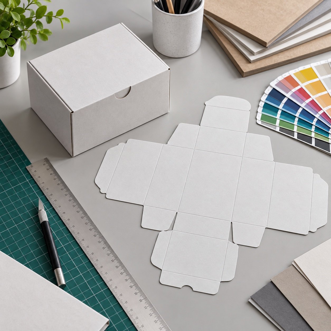 Unbranded packaging dieline printout beside a plain folding carton prototype and measurement tools