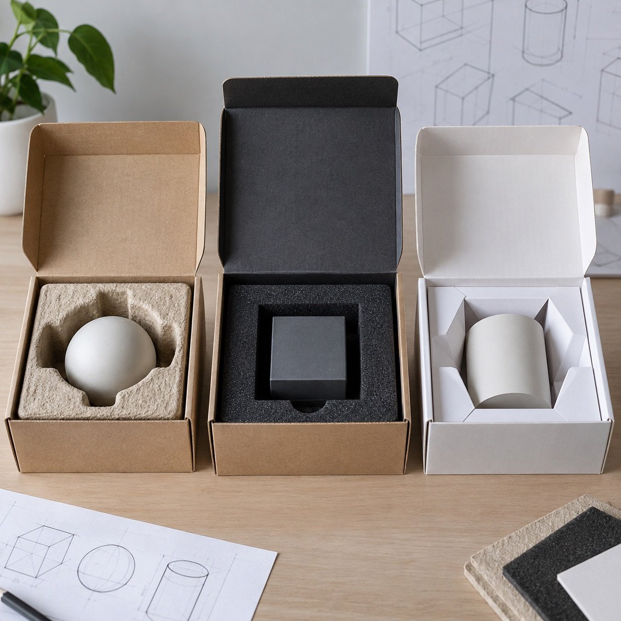 Molded pulp, EVA foam and folded paperboard packaging inserts holding unbranded sample products