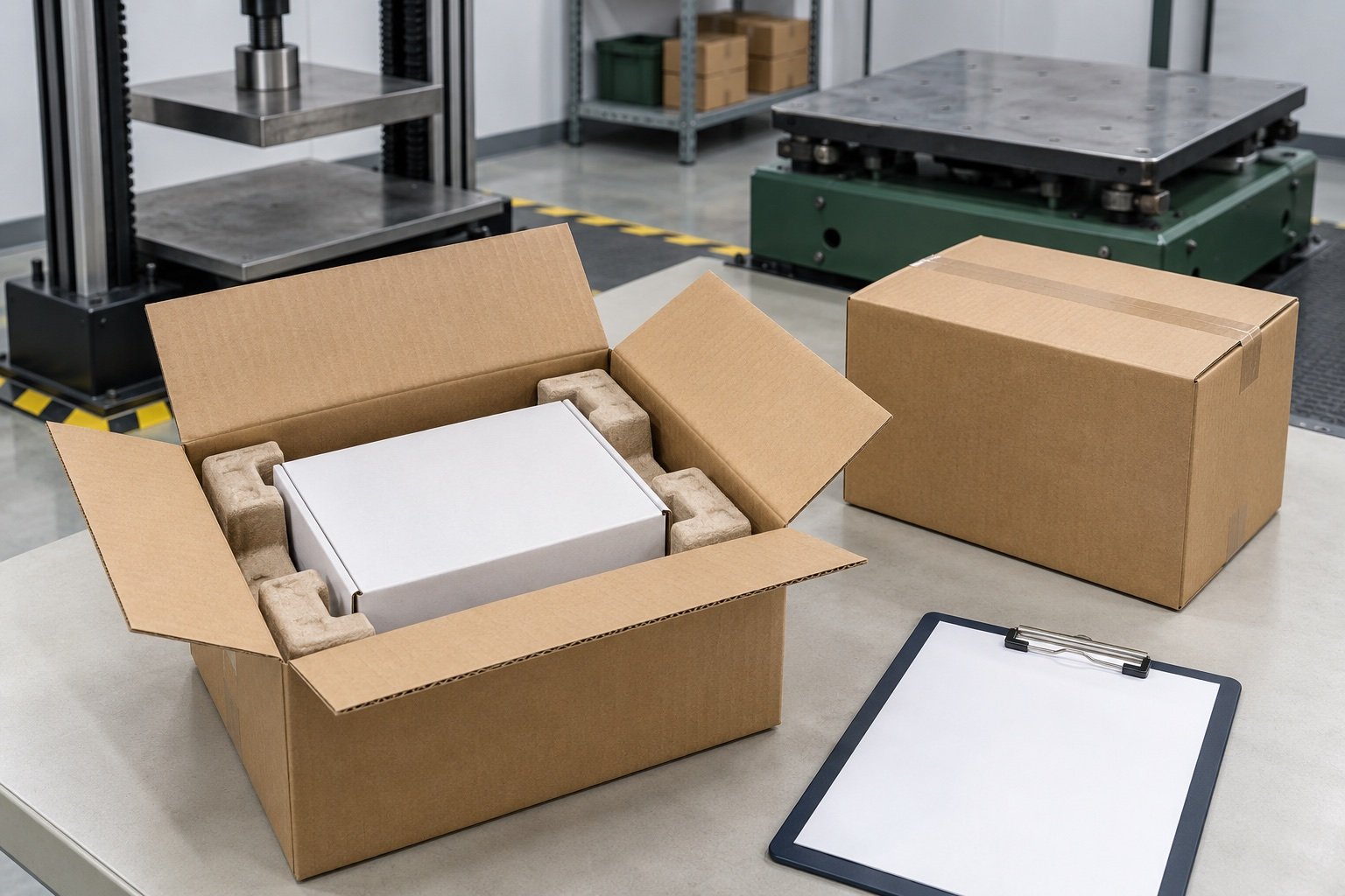 Unbranded custom box and shipping carton prepared with plain handling test equipment and inspection notes